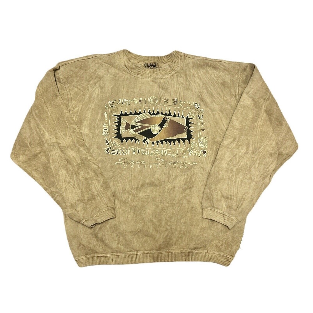 Vintage 90s Size Small San Diego Beige Tie Dye Foil Print Tribal Fish Sweatshirt